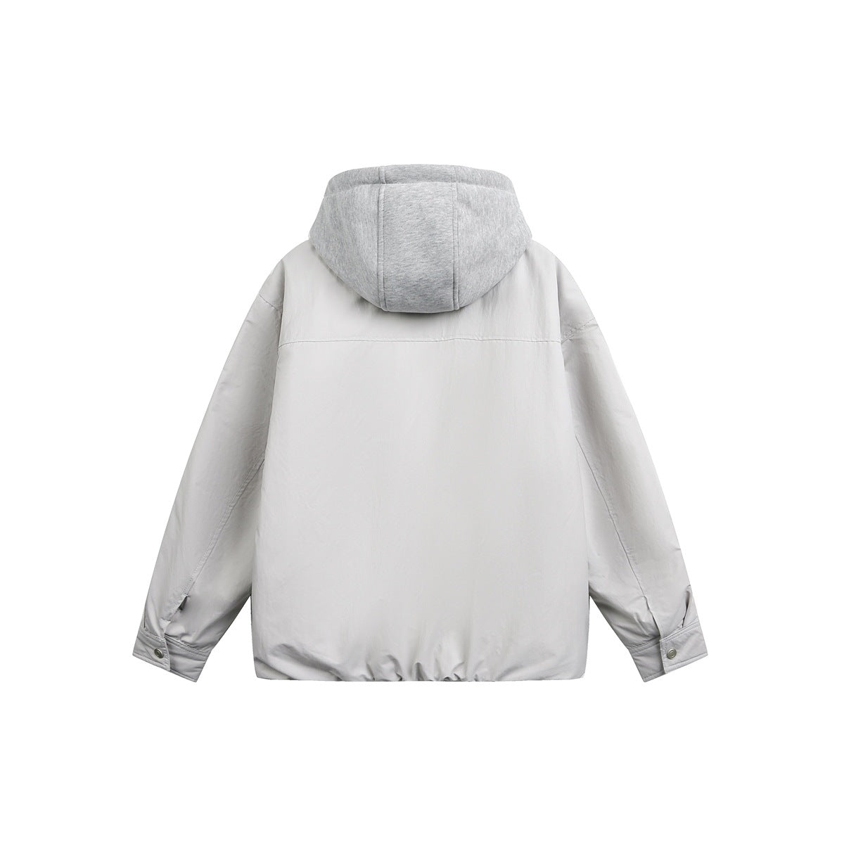 Back view of a light gray hooded jacket with long sleeves, a seam across the upper back, and snap cuffs.
