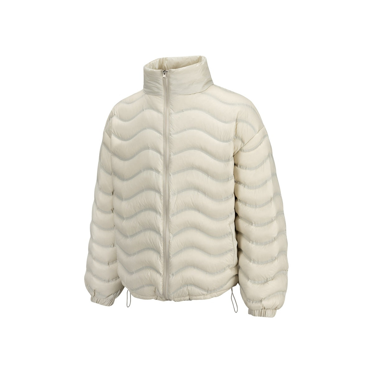 Apricot puffer jacket with stand collar, front zipper and wavy horizontal quilting, shown flat from the front