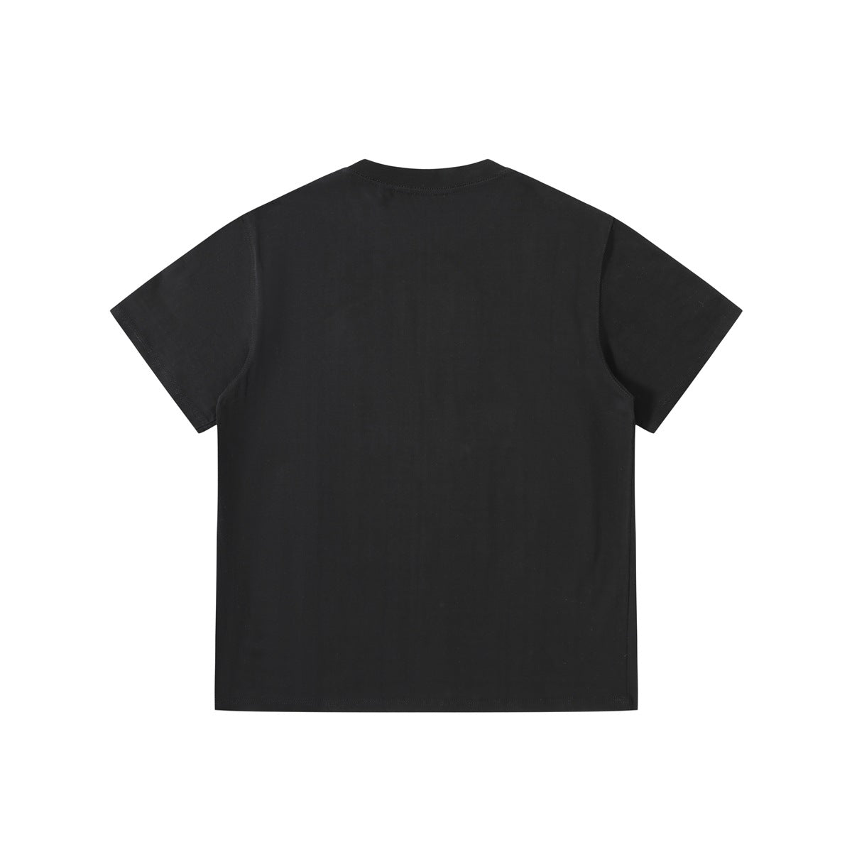 Back view of a plain black short-sleeve crew-neck T-shirt, flat lay