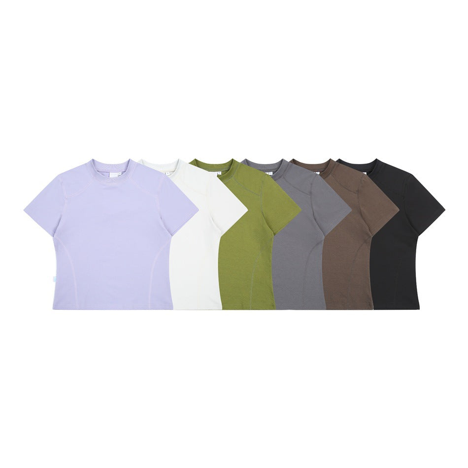 Six short-sleeve crew-neck T-shirts shown together in lavender, white, olive, gray, brown and black.