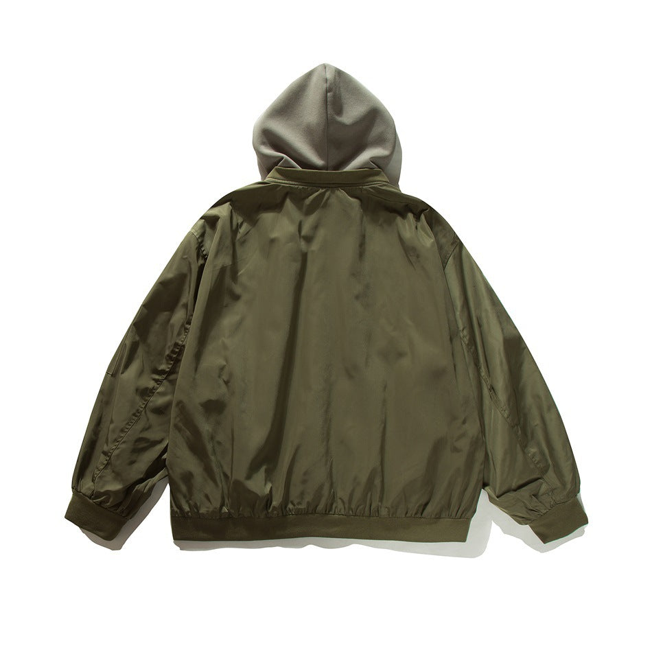Back view of army green bomber jacket with light gray-green hood, ribbed collar, cuffs and hem