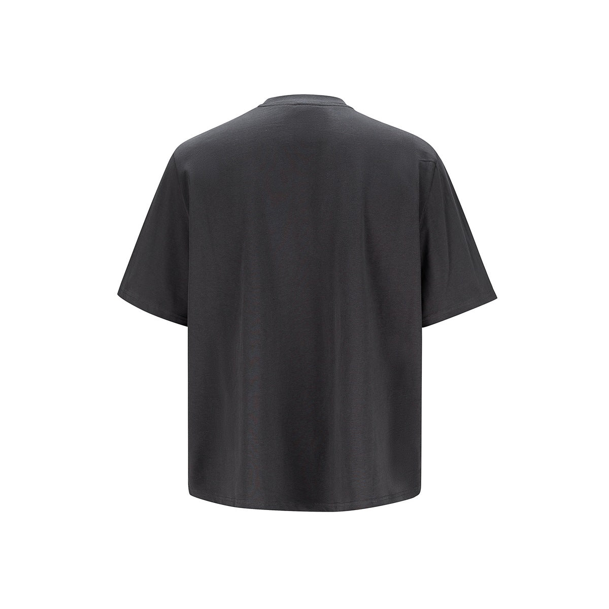 Back view of a plain charcoal short-sleeve crew-neck T-shirt.