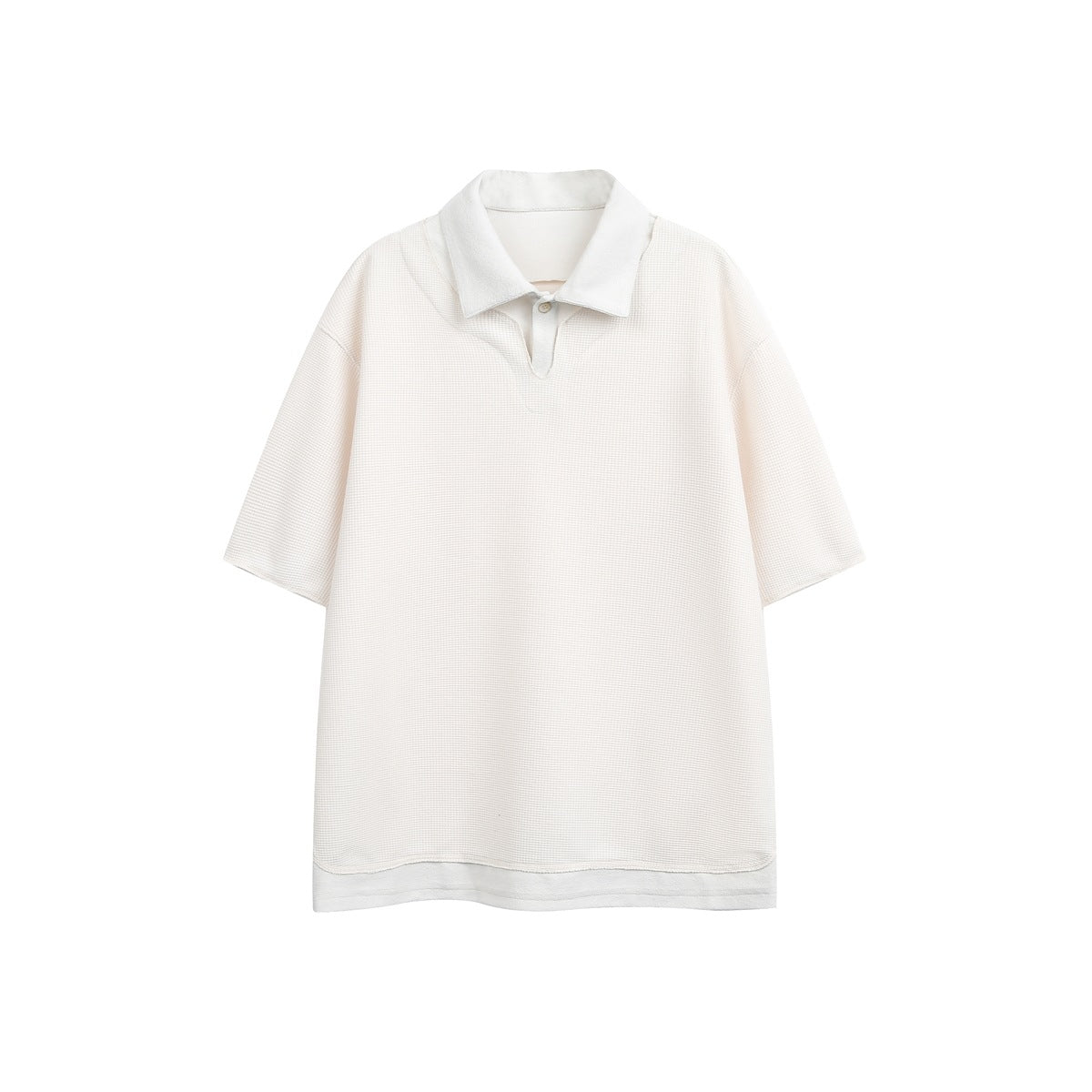 Apricot beige short-sleeve waffle-knit polo top with layered collar and hem, button placket, flat front view