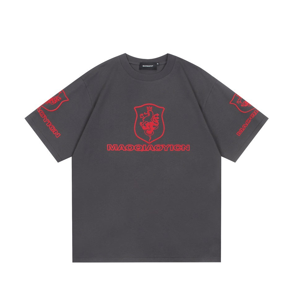 Gray short-sleeve crew-neck t-shirt with red lion shield crest and lettering on chest and sleeves, flat lay front