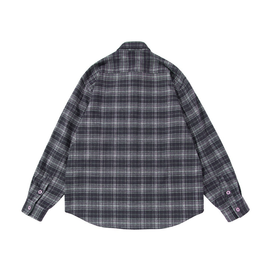 Back view of a dark gray plaid long-sleeve button-up shirt with a curved hem and buttoned cuffs.