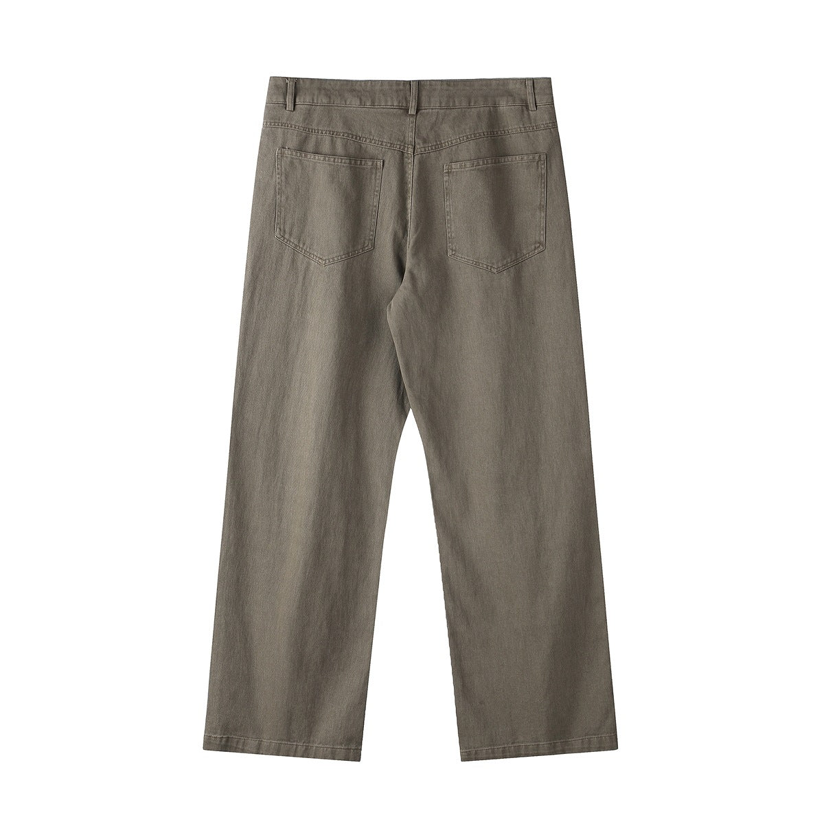 Full back view of taupe-gray straight-leg pants with two rear patch pockets and belt loops on white.