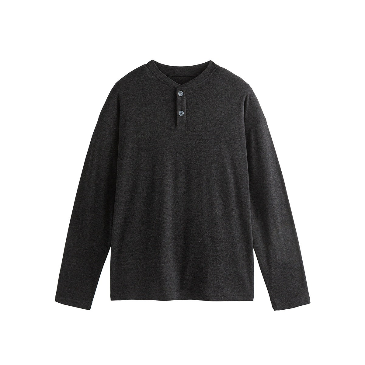 Heather charcoal long-sleeve Henley top with two buttons, flat lay front view