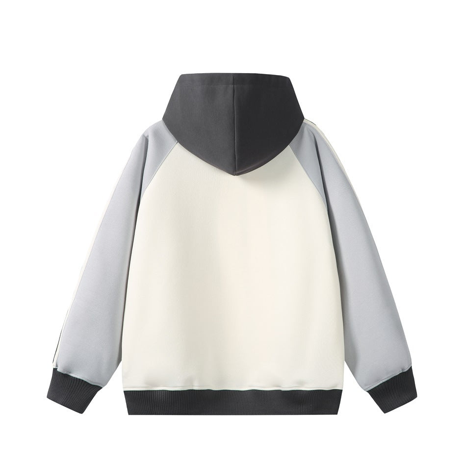 Back view of a cream hoodie with light gray sleeves, a charcoal hood, and dark ribbed cuffs and hem.