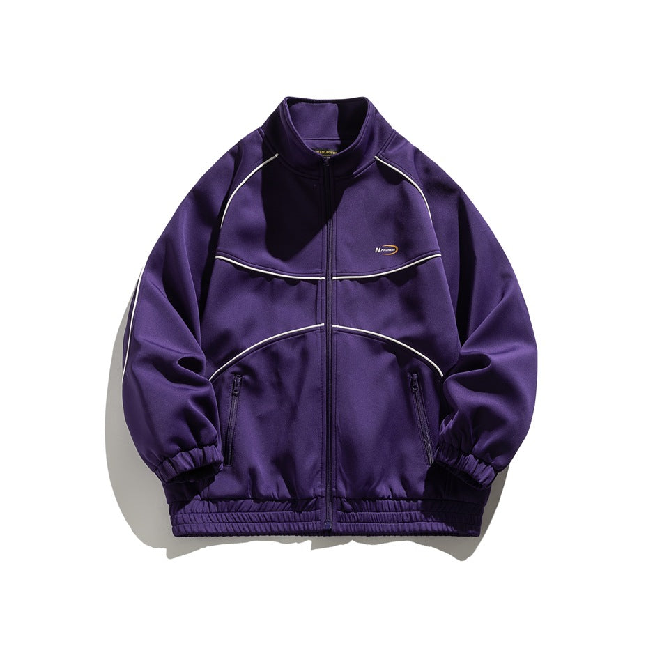 Purple stand-collar zip jacket with white piping, zip pockets and elastic cuffs and hem, flat front view