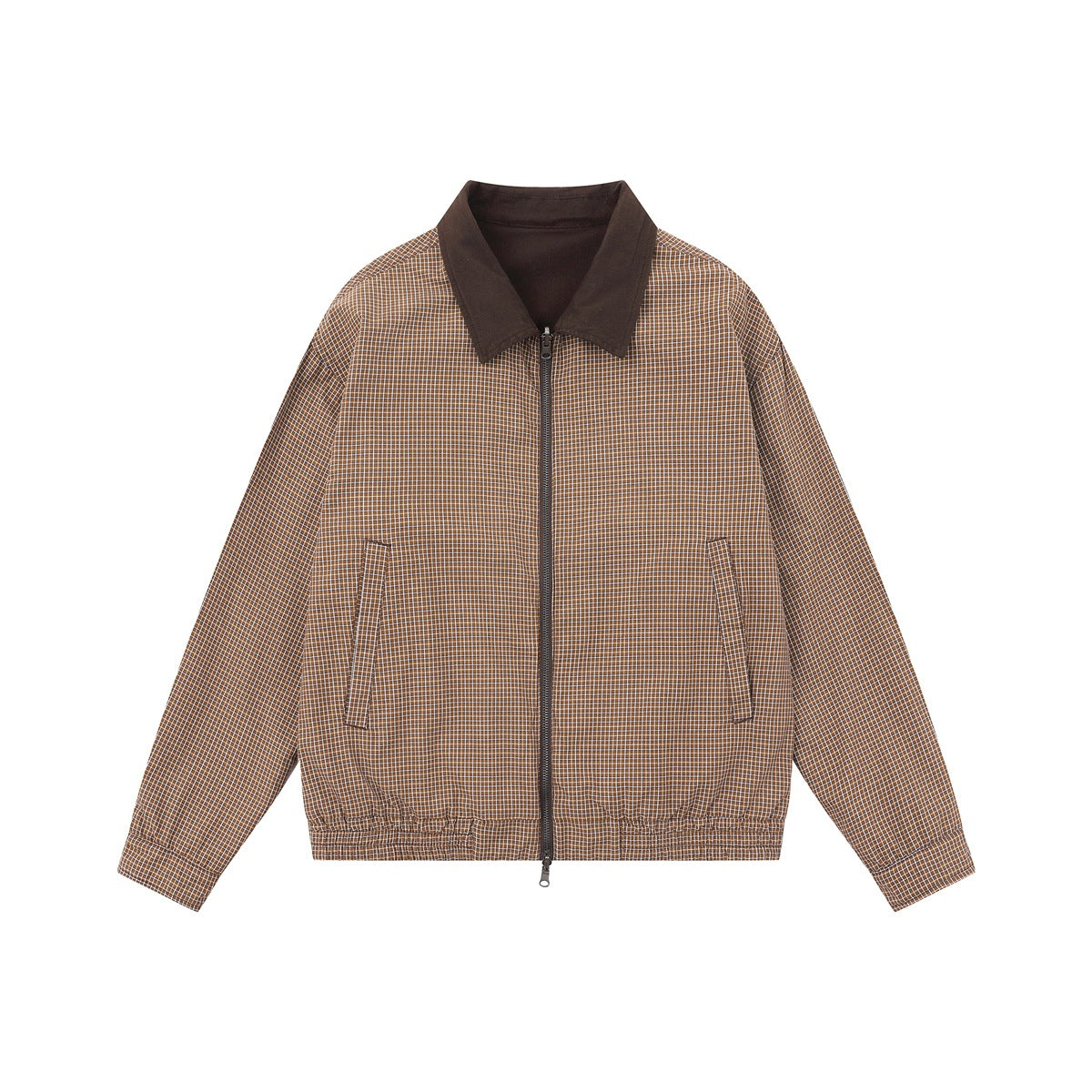 Front view of a brown fine-check jacket with a dark collar, center zipper, side pockets and elasticized hem.