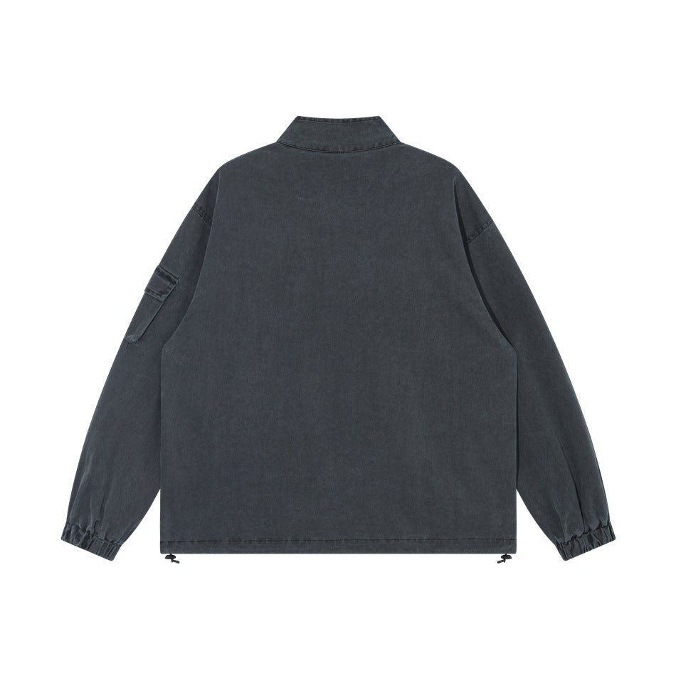 Back view of dark gray washed stand-collar jacket with sleeve pocket, elastic cuffs and drawstring hem
