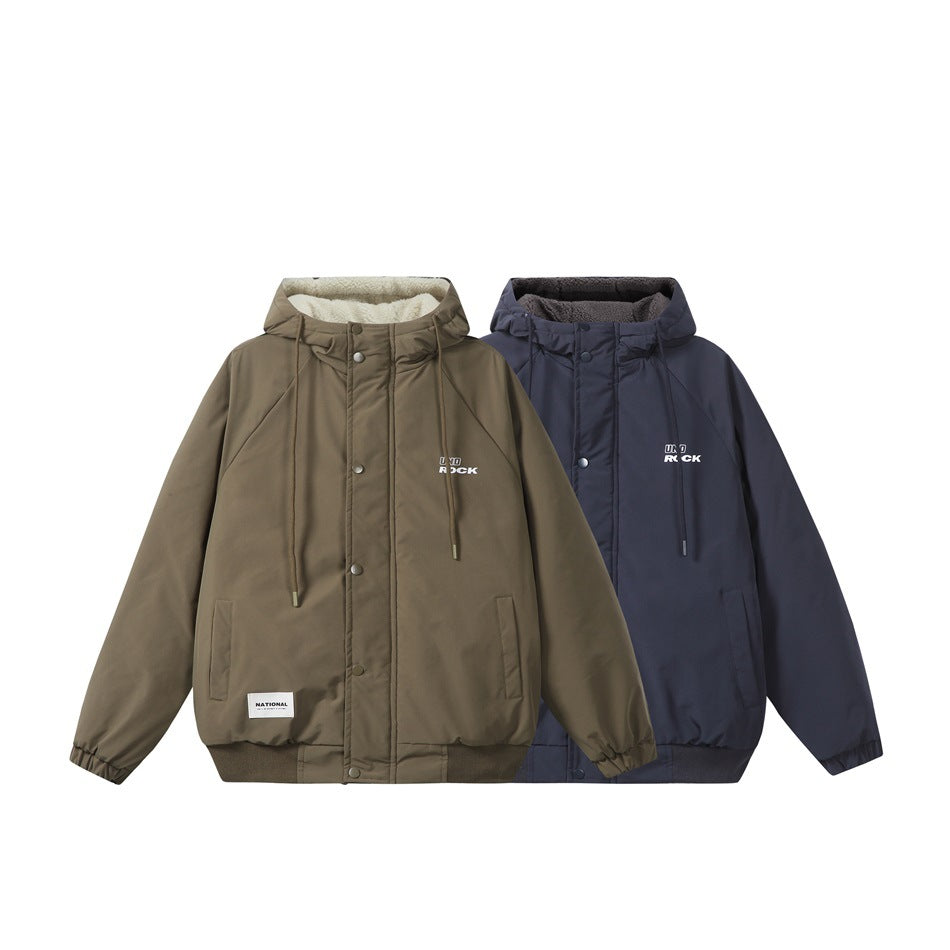 Two front-view hooded jackets shown together in olive and navy, both with fleece-lined hoods.