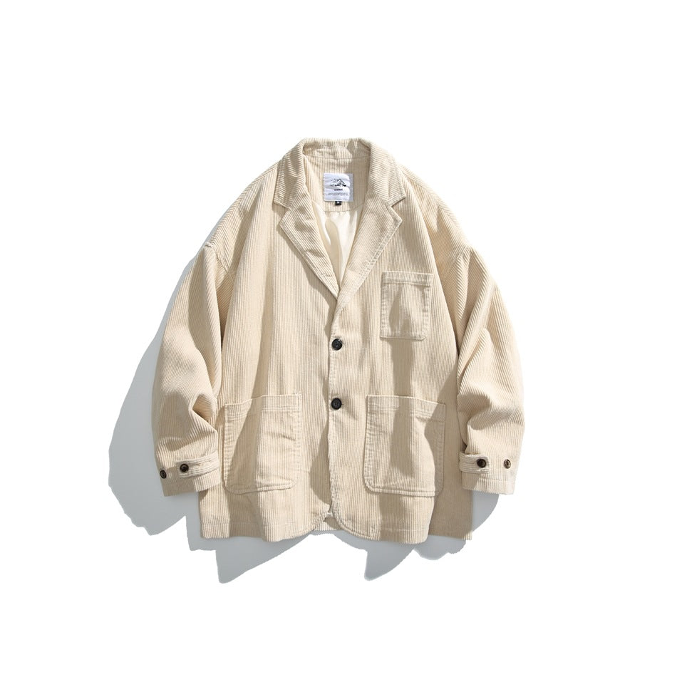 Beige corduroy blazer-style jacket flat lay with notch lapels, two buttons and patch pockets