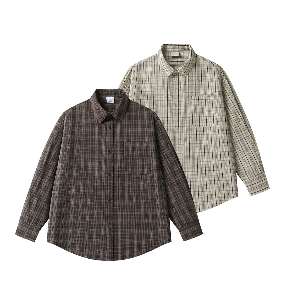 Two long-sleeve plaid button-up shirts shown from the front, in dark brown and light beige.