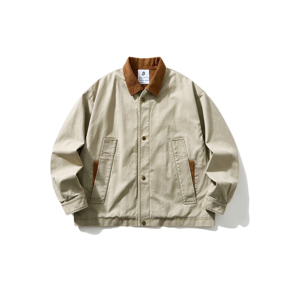 Beige-gray collared jacket with brown corduroy collar, snap-button front and two flap pockets, flat lay