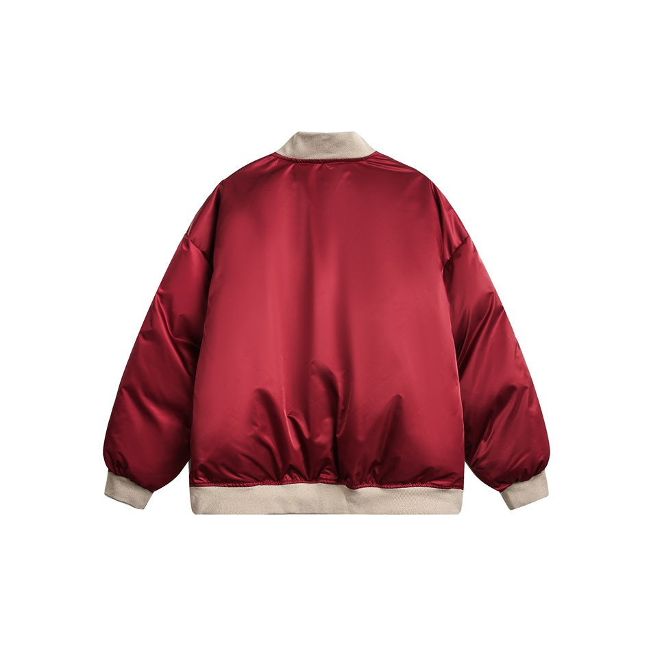 Back view of a burgundy satin bomber jacket with beige ribbed collar, cuffs, and hem.