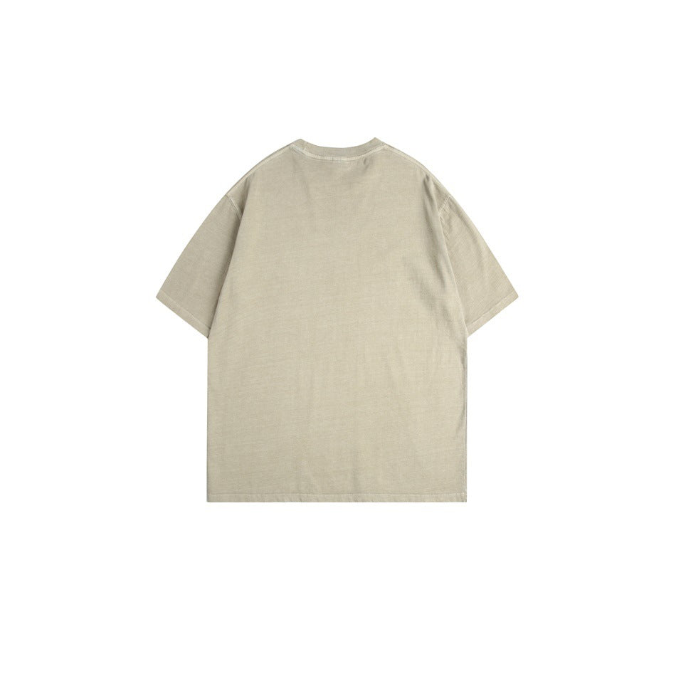 Back view of a plain light beige short-sleeve T-shirt with a crew neck.