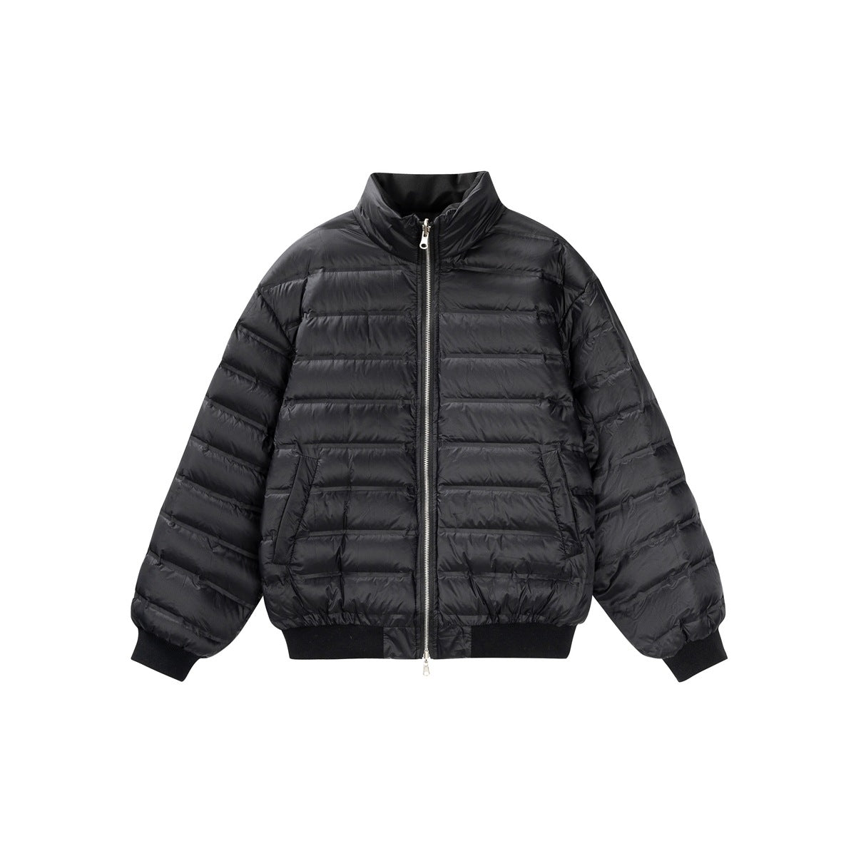 Front view of a black horizontally quilted jacket with a zip front, stand collar, and ribbed cuffs and hem.