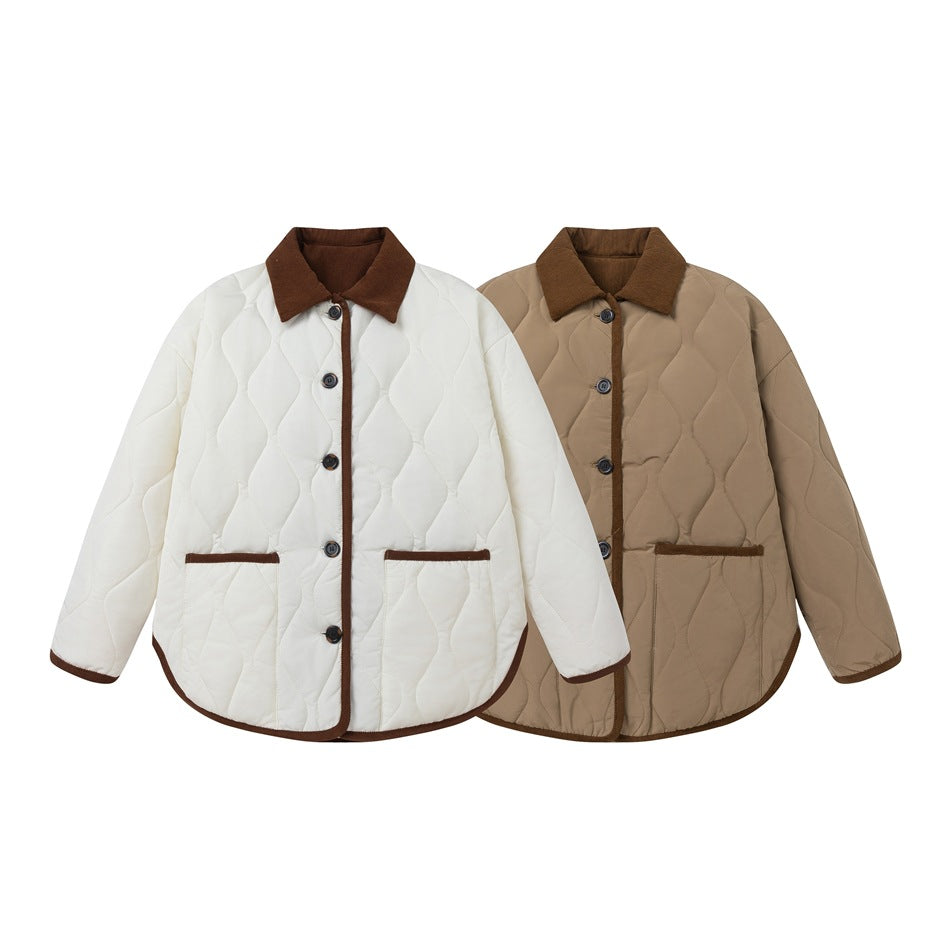 Two quilted button-front jackets shown together in white and taupe, both with brown collars and trim.