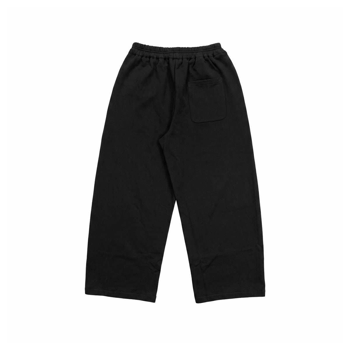 Back view of black wide-leg sweatpants with elastic waistband and a single patch pocket