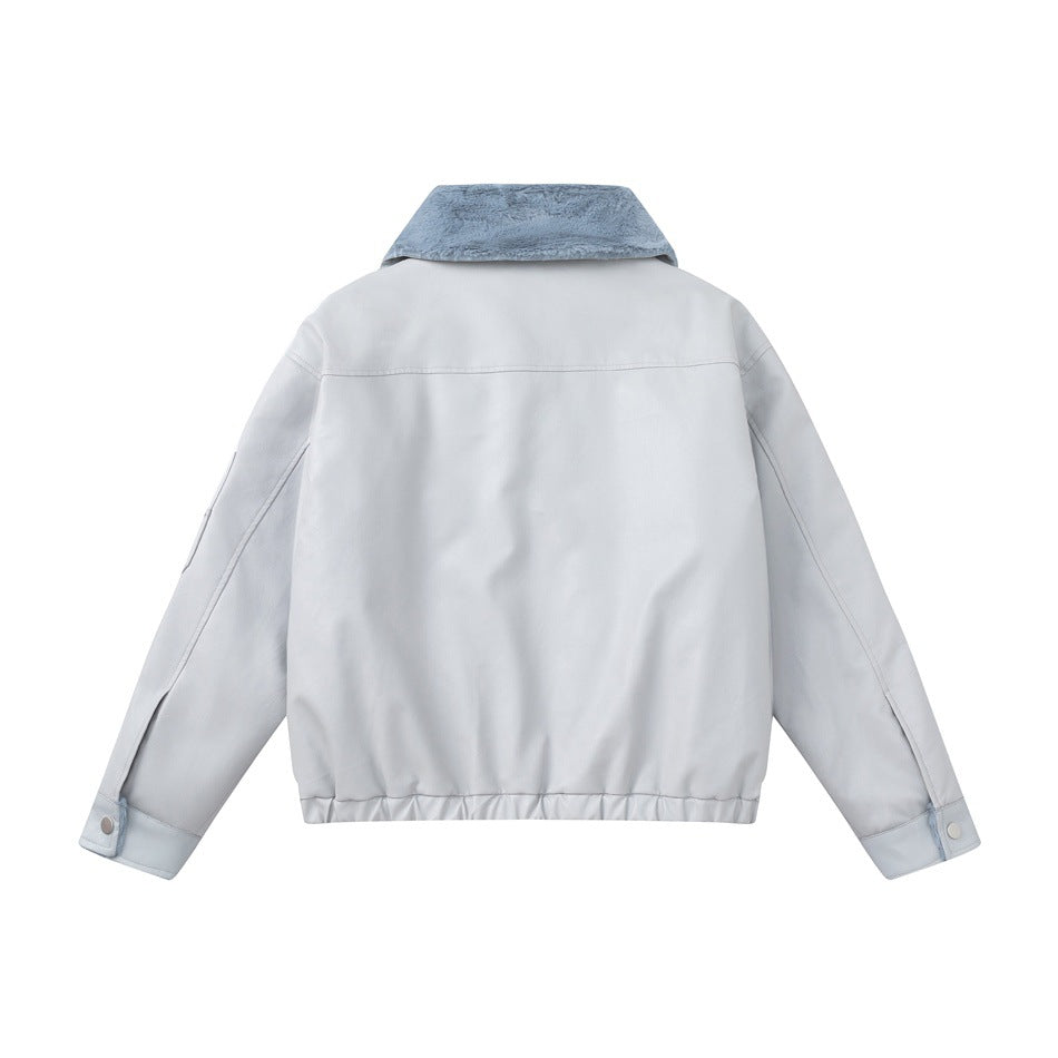 Back view of light gray jacket with blue plush collar, elasticized hem and snap cuffs