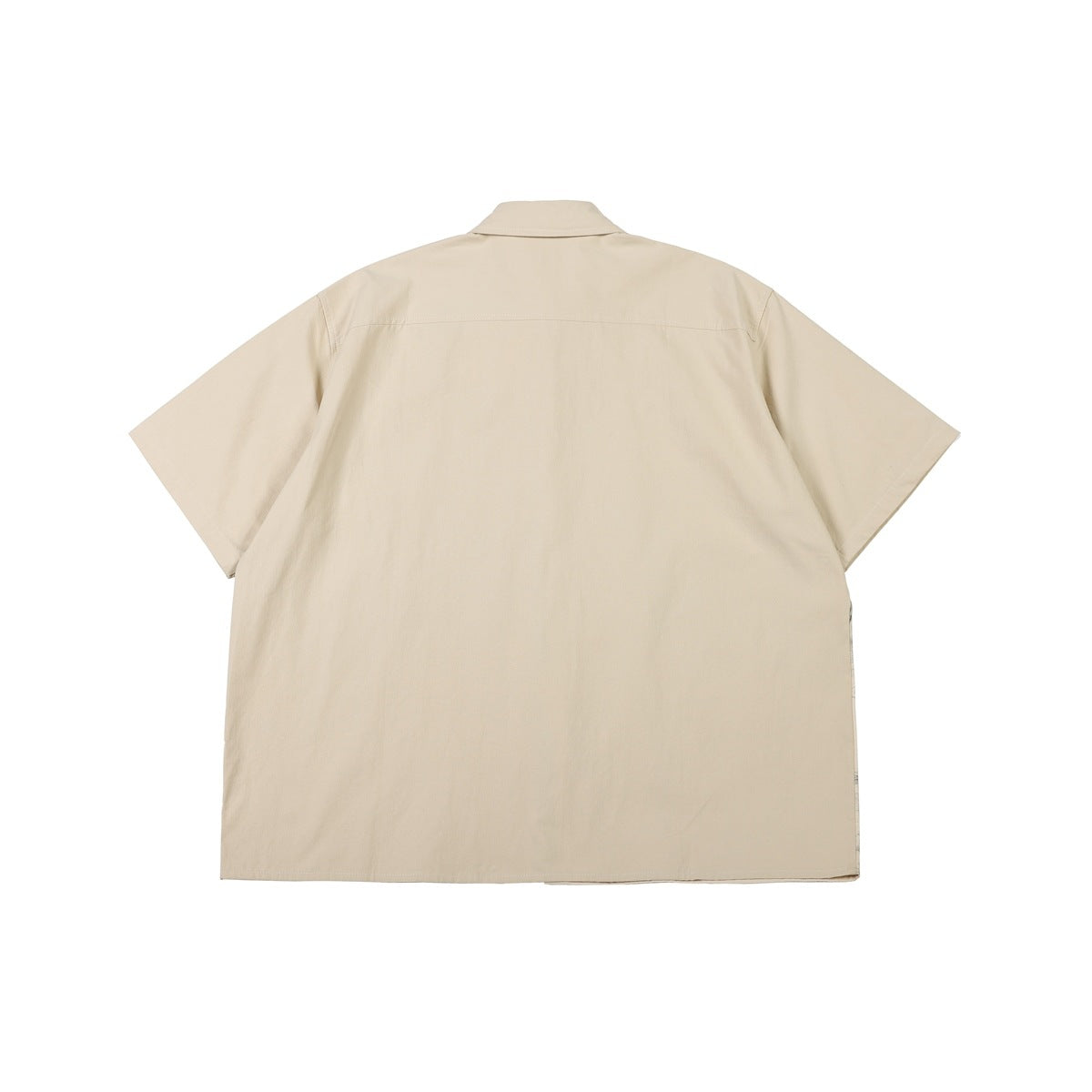 Back view of a plain beige short-sleeve collared shirt with a straight hem.