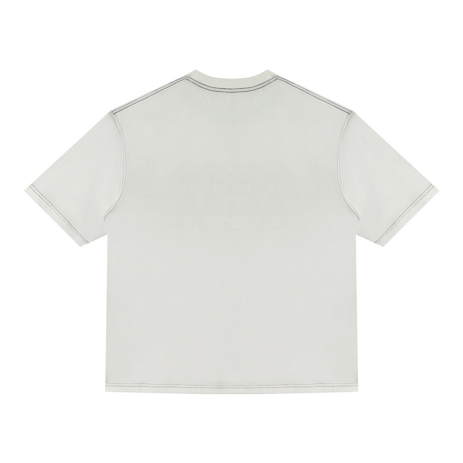 Back view of an off-white short-sleeve T-shirt with contrast stitching along the seams.