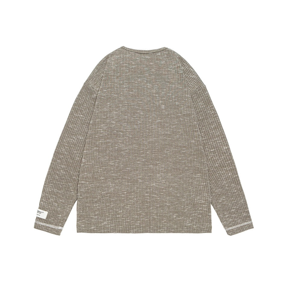 Back view of a light taupe marled long-sleeve shirt, laid flat on a white background.