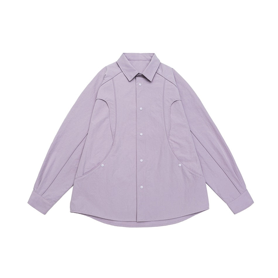 Light purple long-sleeve snap-front shirt jacket with curved seam panels, flat lay front view