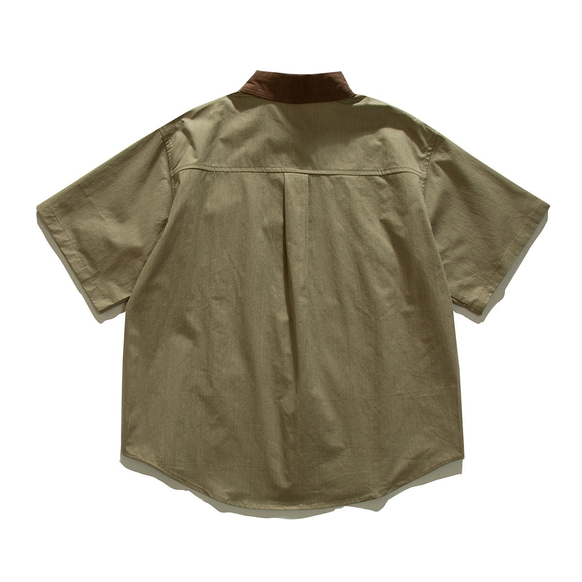 Back view of an olive short-sleeve button-up shirt with a brown collar and center back pleat.