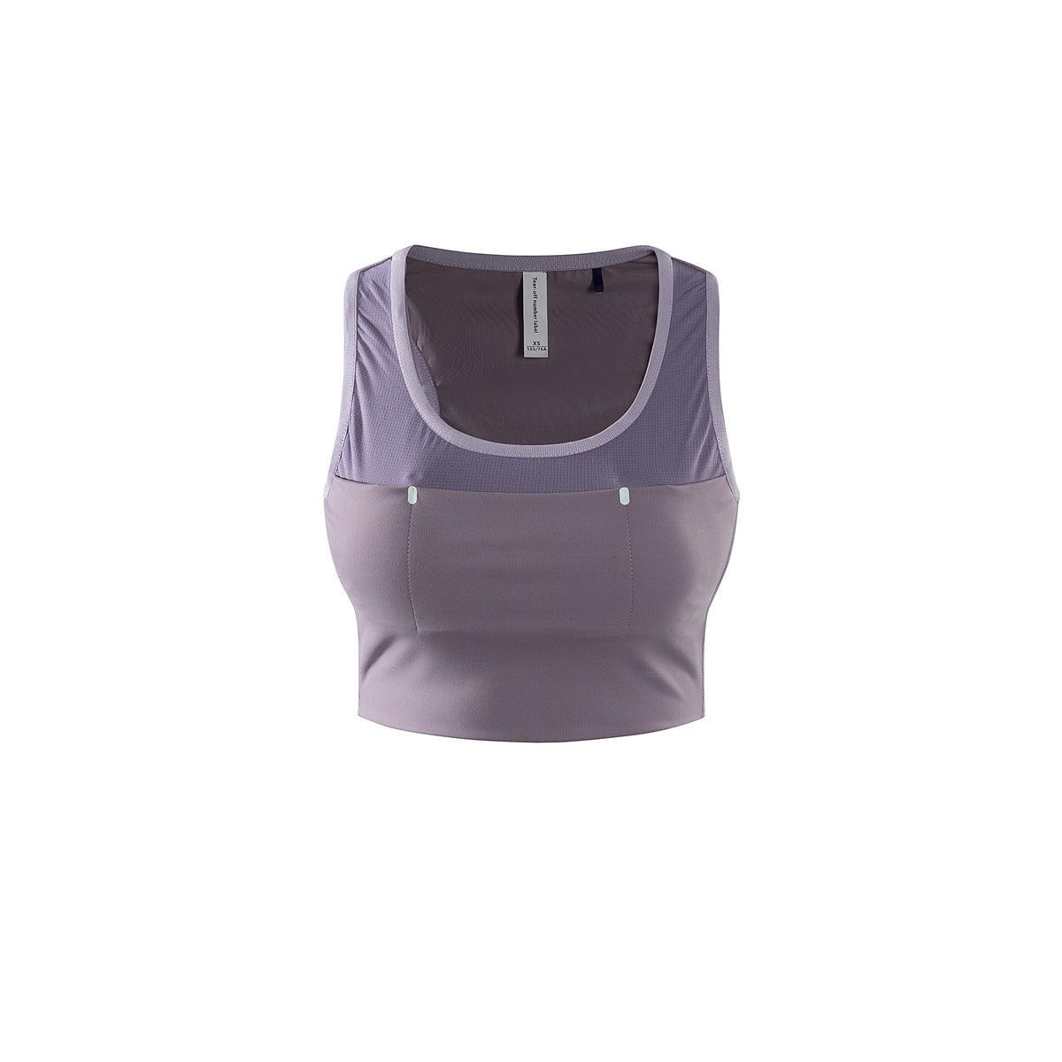 Misty purple cropped sleeveless tank top with scoop neckline and mesh upper panel, front view