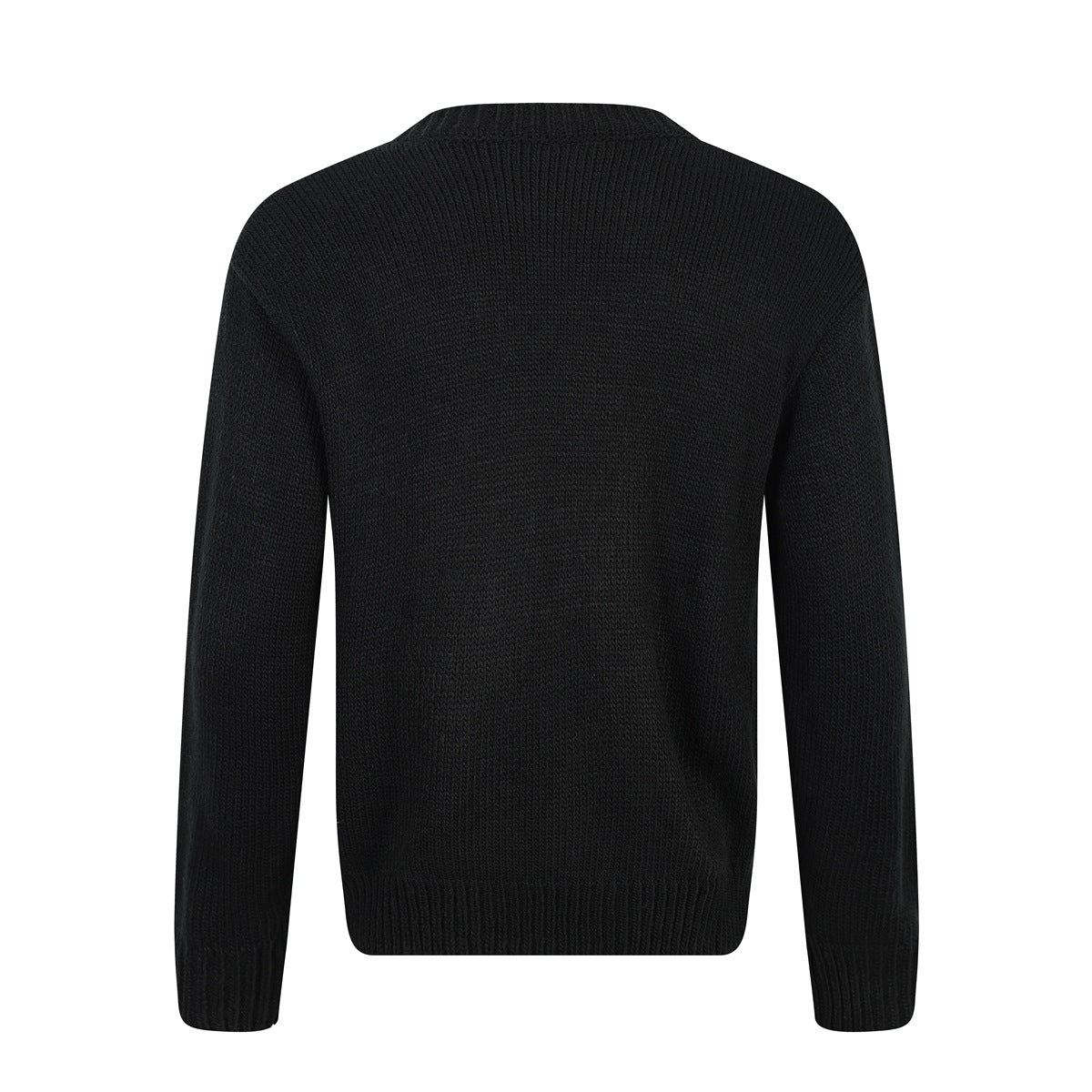 Back view of black crewneck knit sweater with plain back and ribbed cuffs and hem