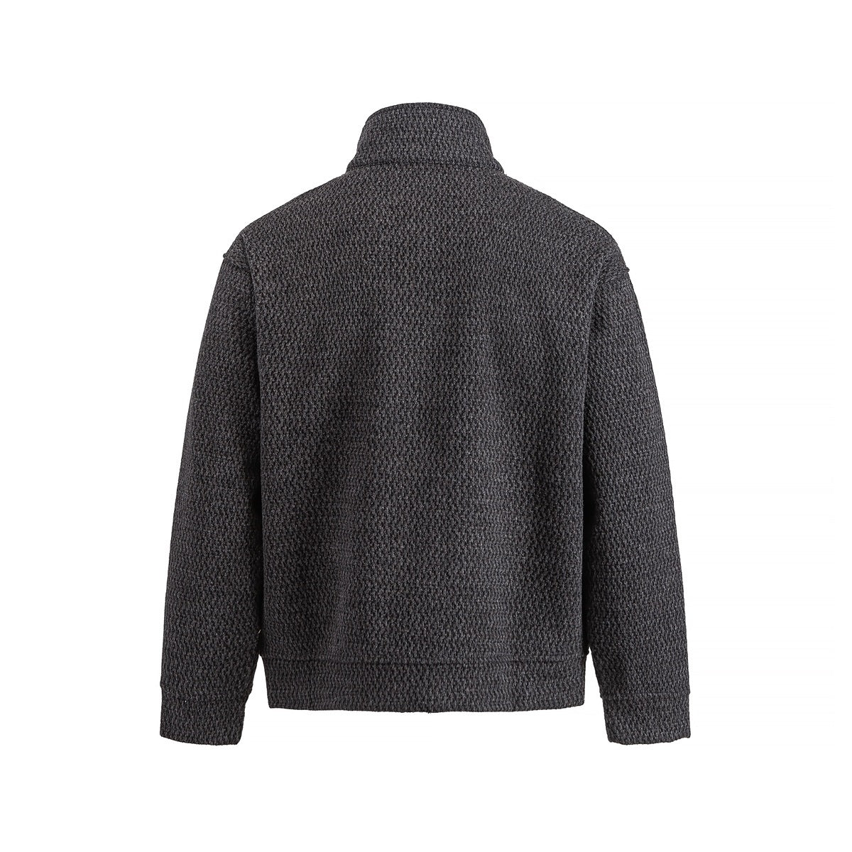 Back view of a charcoal textured quarter-zip pullover with long sleeves and a high collar.