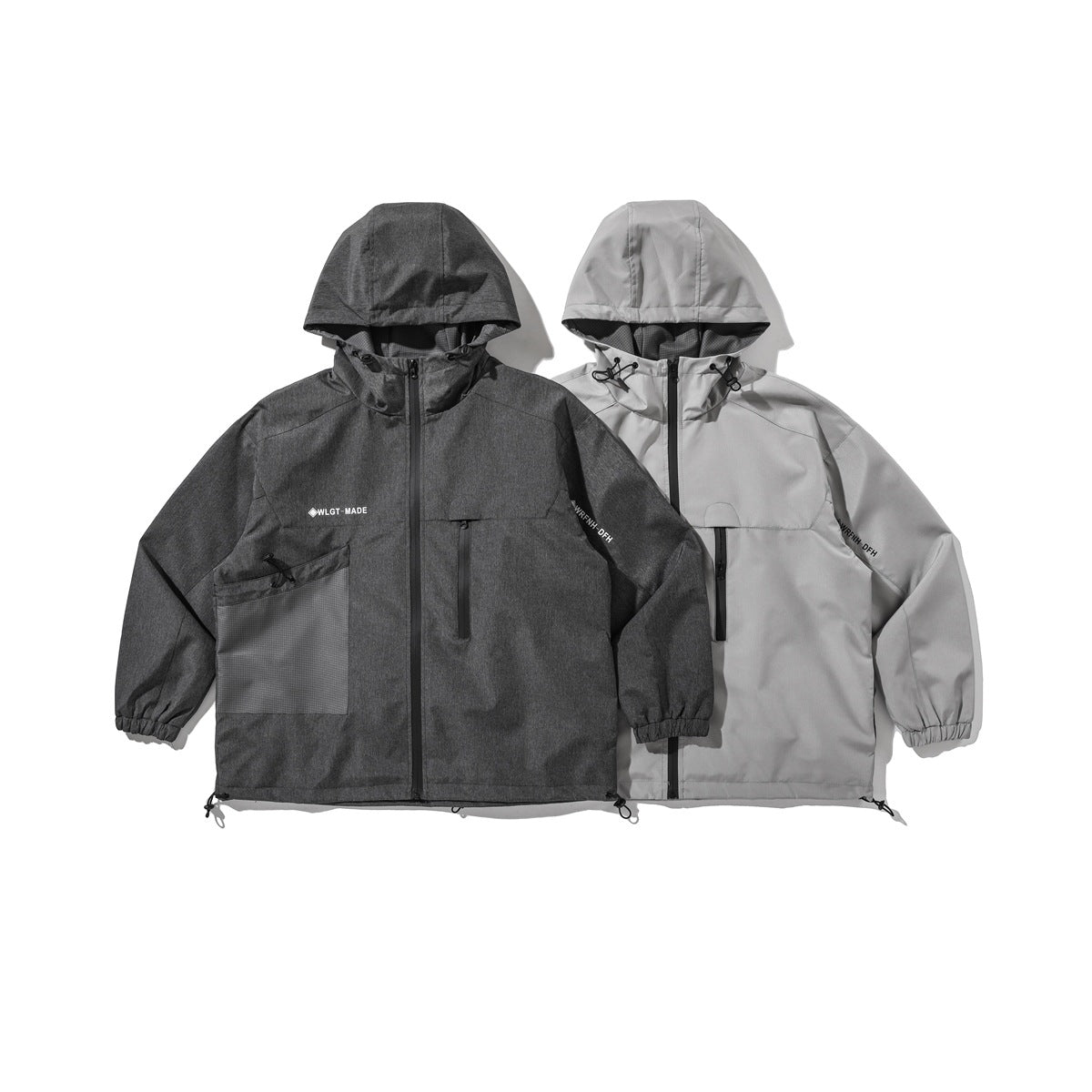 Front view of hooded jackets in charcoal gray and light gray, with zippers, pockets, and adjustable hems.