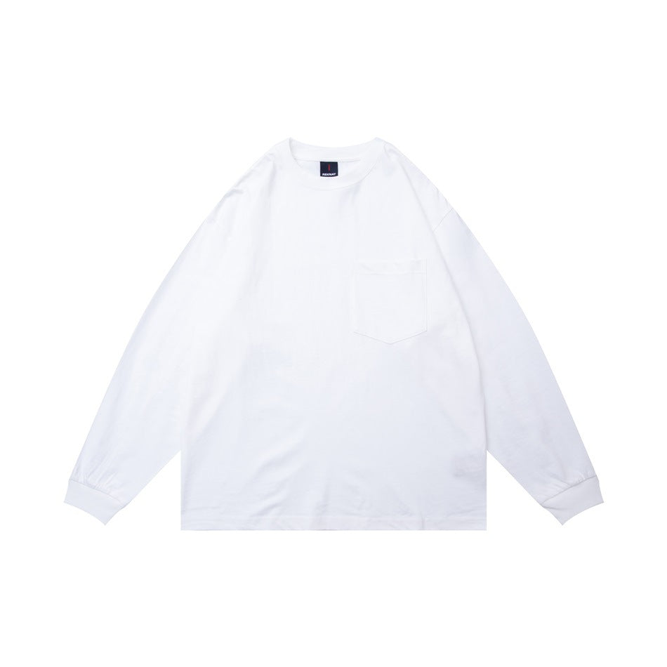 Front view of a plain white long-sleeve crew-neck shirt with a chest pocket and ribbed cuffs.