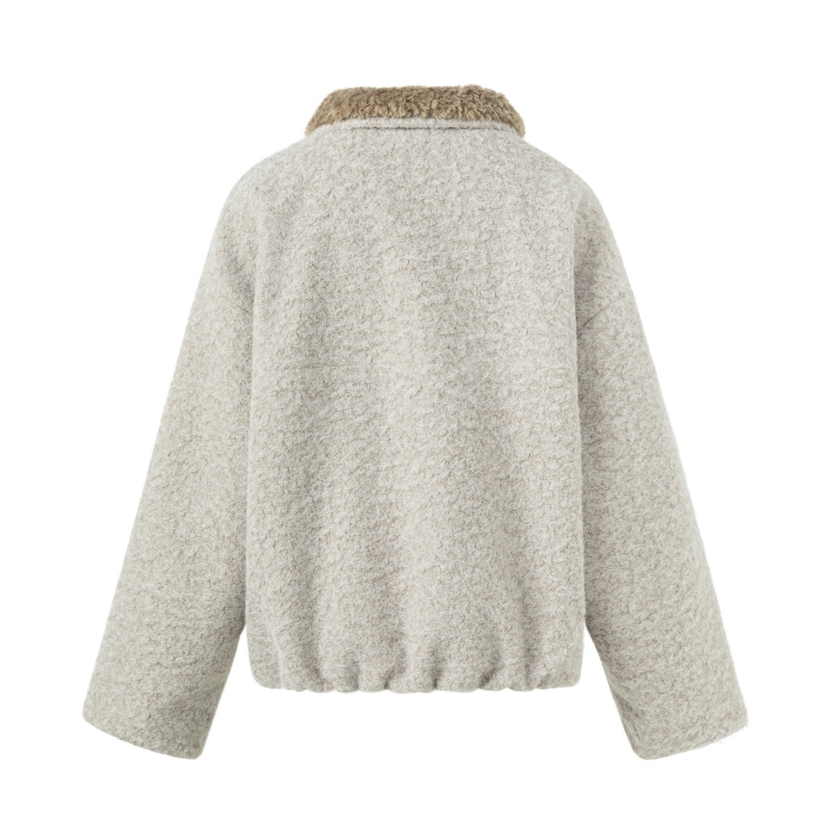 Back view of a light beige jacket with long sleeves, a gathered hem, and a taupe fuzzy collar.