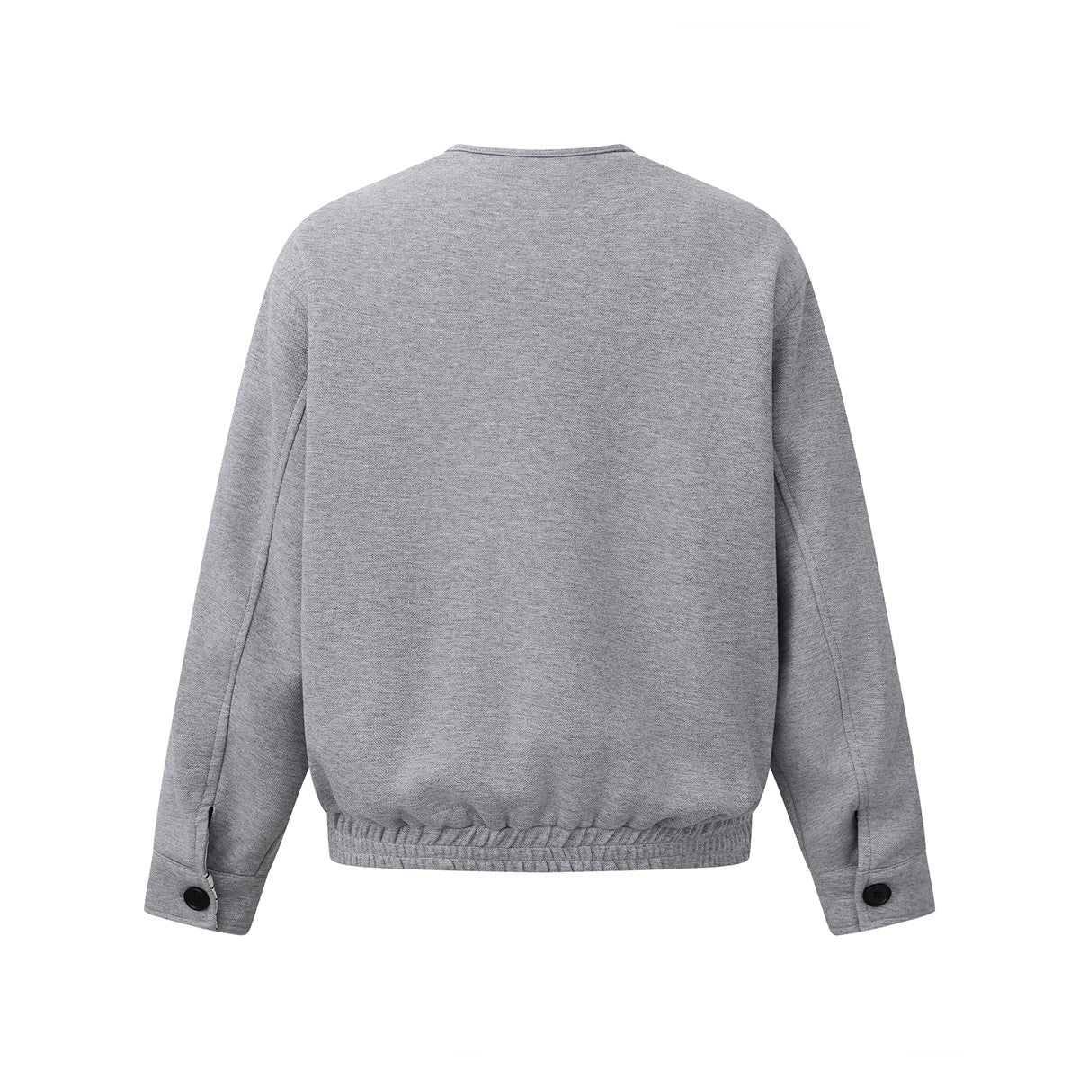 Light heather gray jacket back view with plain back, elastic gathered hem and buttoned cuffs