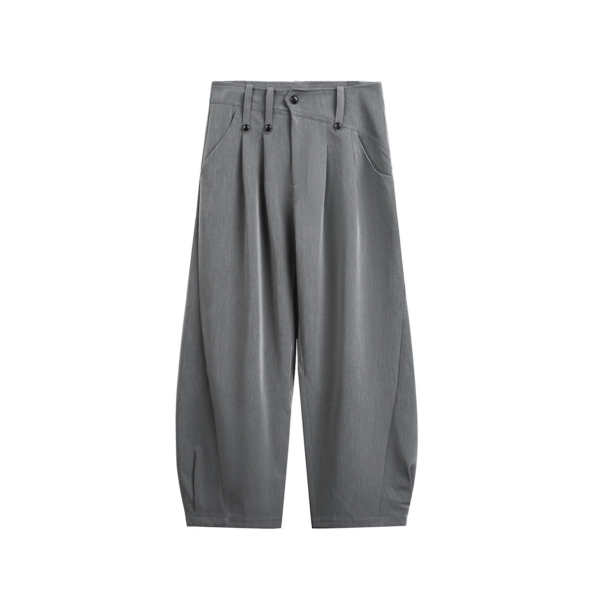 Gray pleated wide-leg trousers flat lay, front view with button waist tabs and slanted pockets