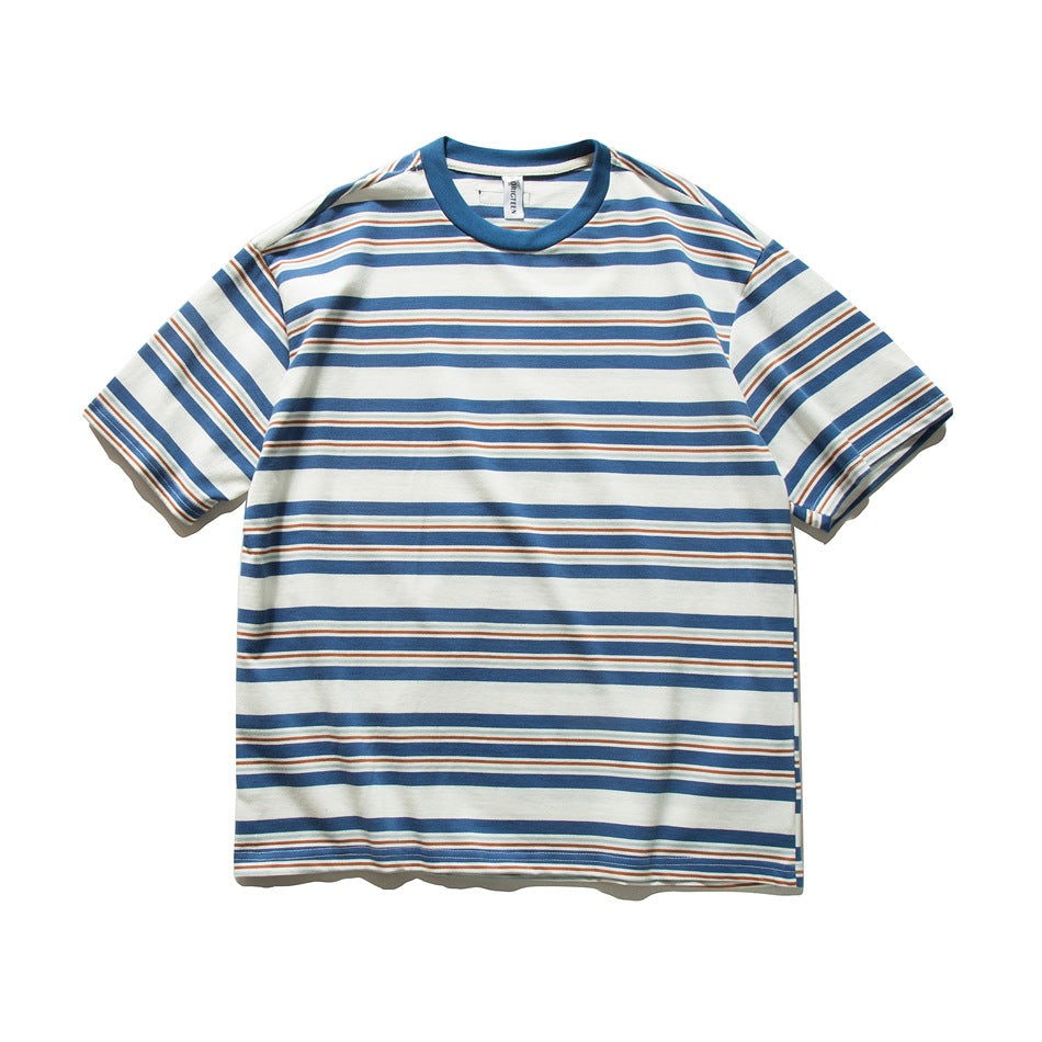 Blue, cream and rust striped short-sleeve crew neck T-shirt with blue collar, flat lay front view