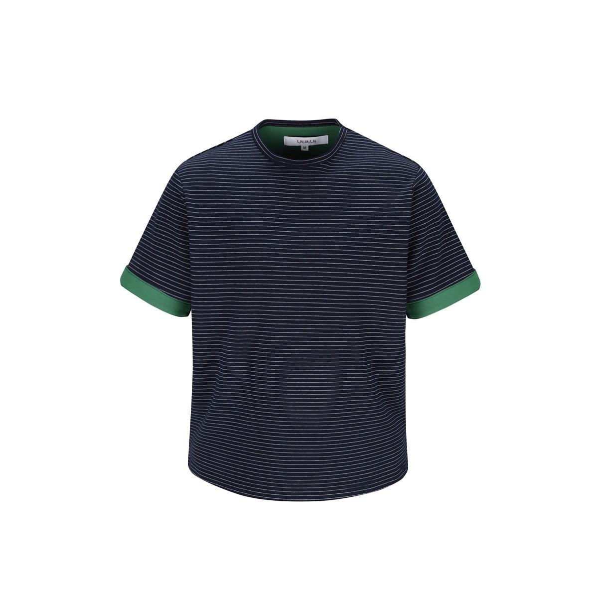 Front view of a navy short-sleeve shirt with thin white horizontal stripes, green rolled cuffs, and a crew neckline.