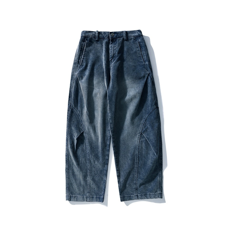 Blue faded corduroy-style wide-leg pants, front flat lay with belt loops and curved knee seams