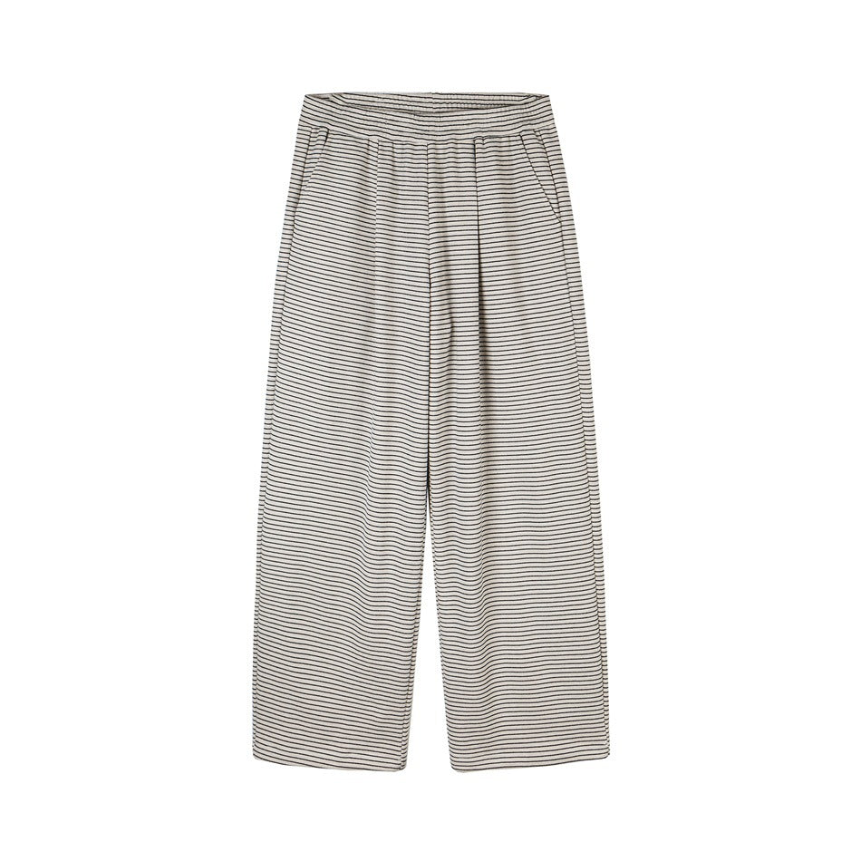 Beige striped wide-leg pants with dark fine stripes, elastic waist and pleats, flat lay