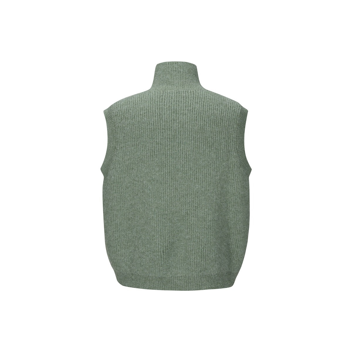 Back view of a sage green sleeveless knit vest with a raised collar.