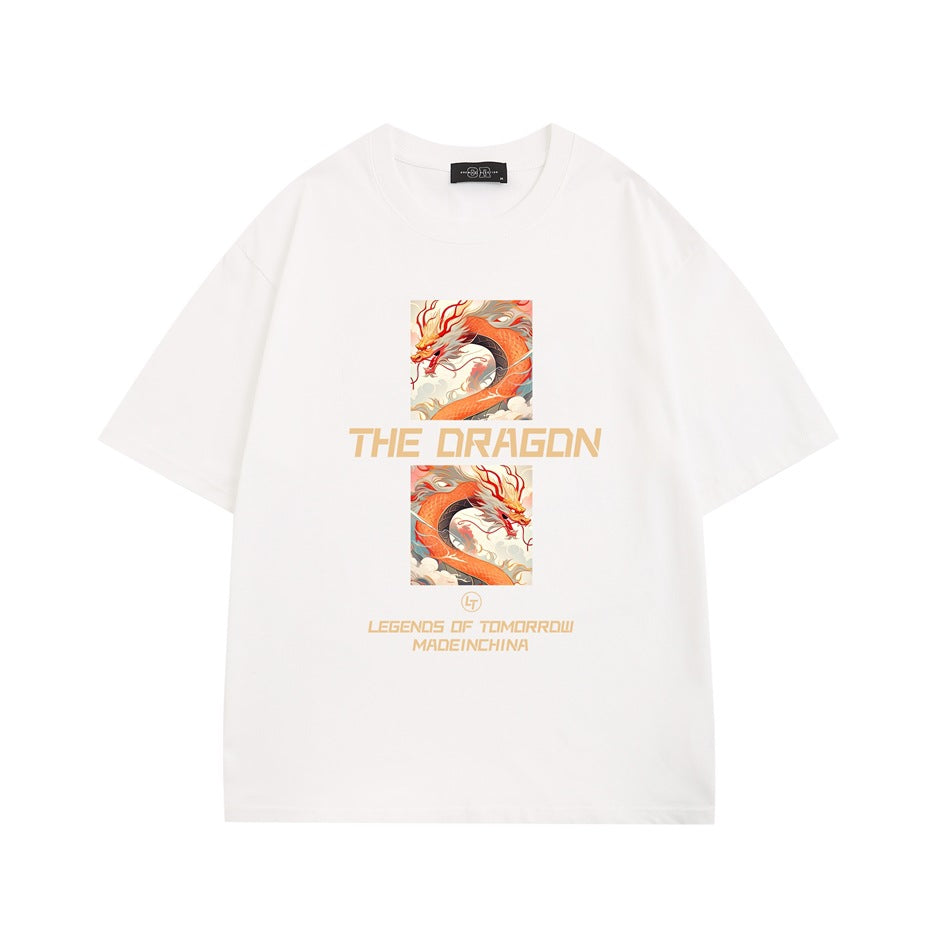 White short-sleeve T-shirt with orange dragon illustration and 'THE DRAGON' lettering on the front