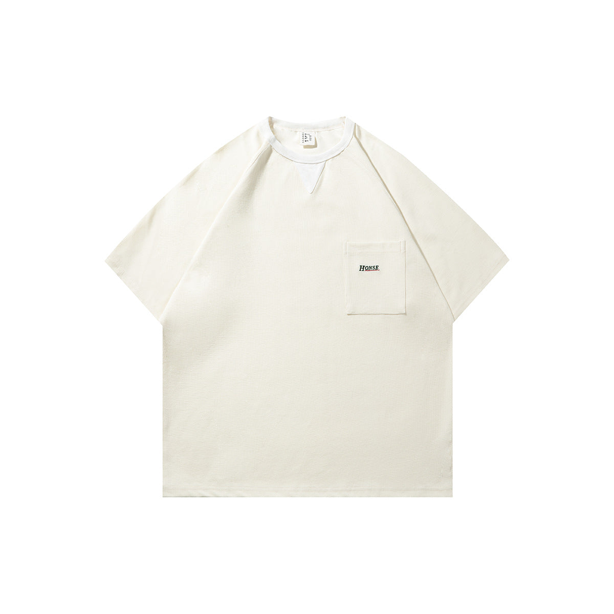 Off-white short-sleeve raglan T-shirt flat lay with V neck insert and chest pocket with small embroidered text