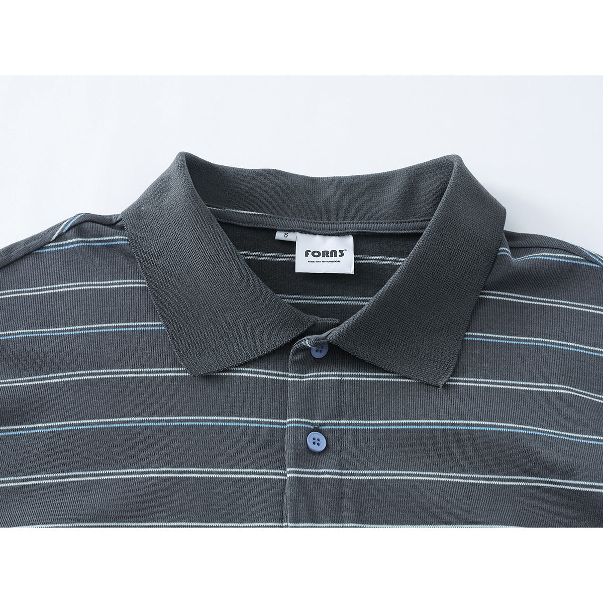 Close-up of a charcoal-gray polo shirt with thin white and blue stripes, pointed collar, and blue buttons.