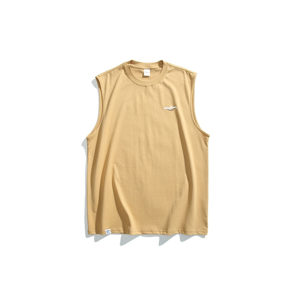 Front view of a sand-colored sleeveless crew-neck shirt with a small white chest logo.