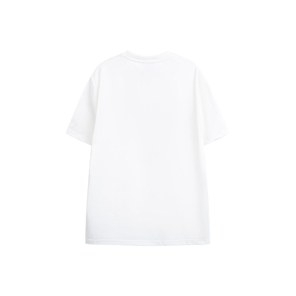 Back view of a plain white short-sleeve crew-neck T-shirt against a white background.