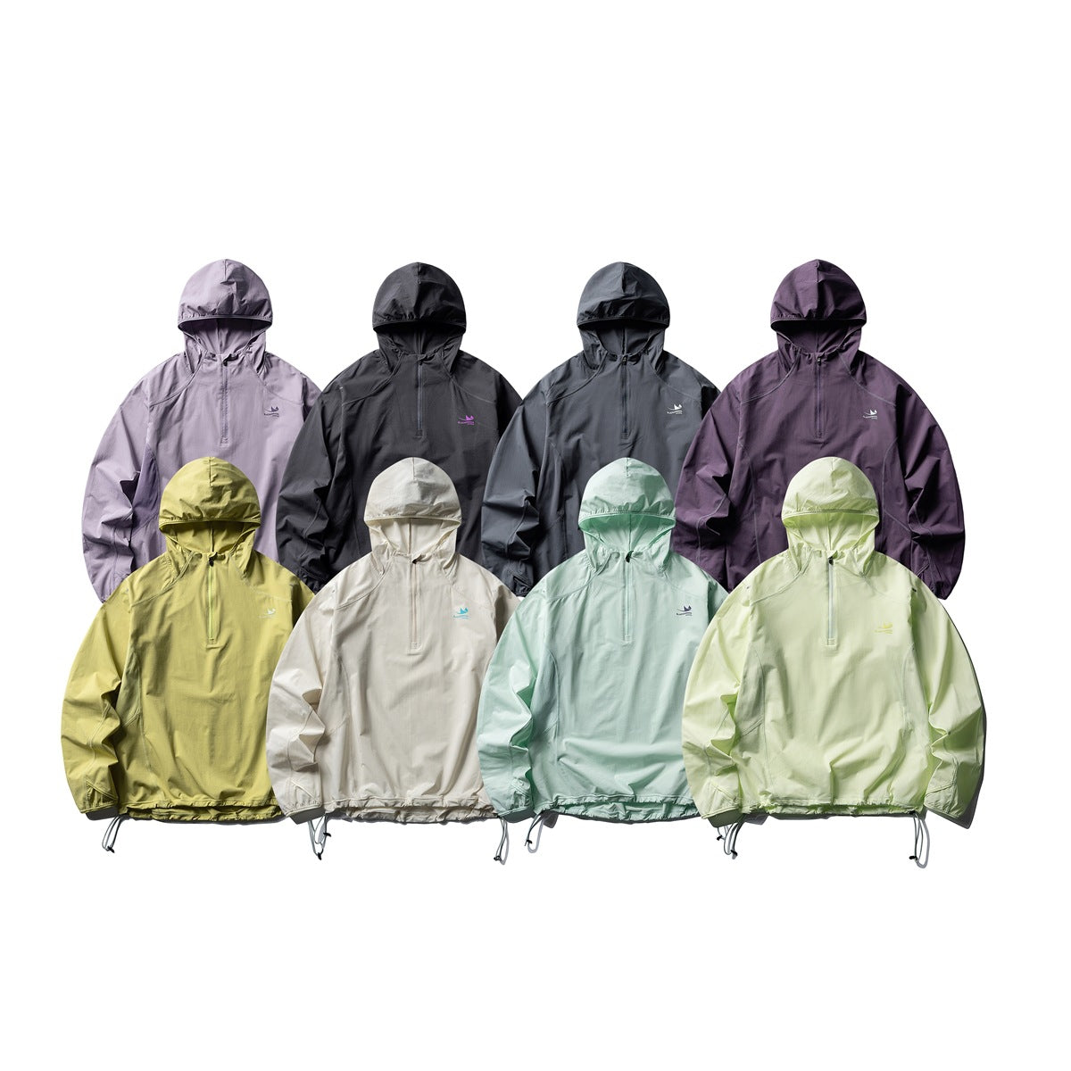 Eight hooded pullovers shown together in lavender, black, charcoal, plum, yellow-green, cream, mint, and pale green.