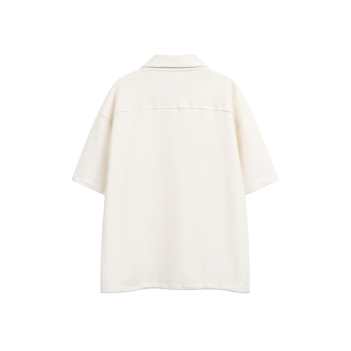 Beige short-sleeve shirt back view with yoke seam and textured fabric